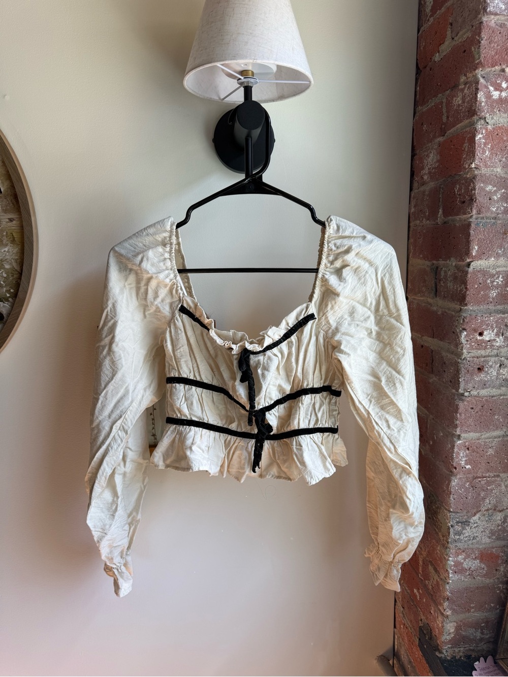 Ivory Peasant Crop Top with Black Trim
